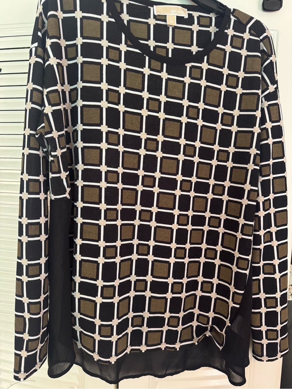 Michael Kors Black, Olive & White Geometric Grid Long Sleeve Top